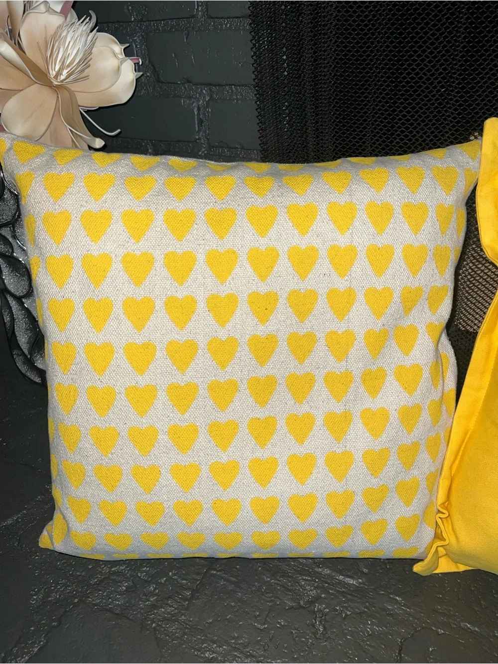 Yellow Decorative Throw Pillows - Heart Pattern Cordura like material & Solid
